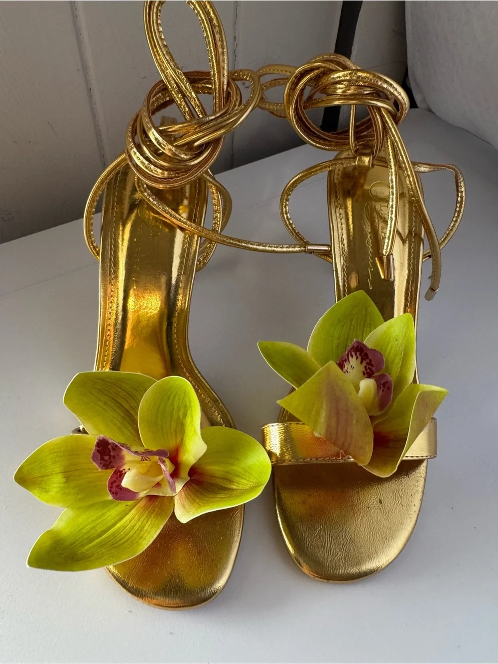 Miss Lola Gold with Green Floral Embellished High Heel Sandals